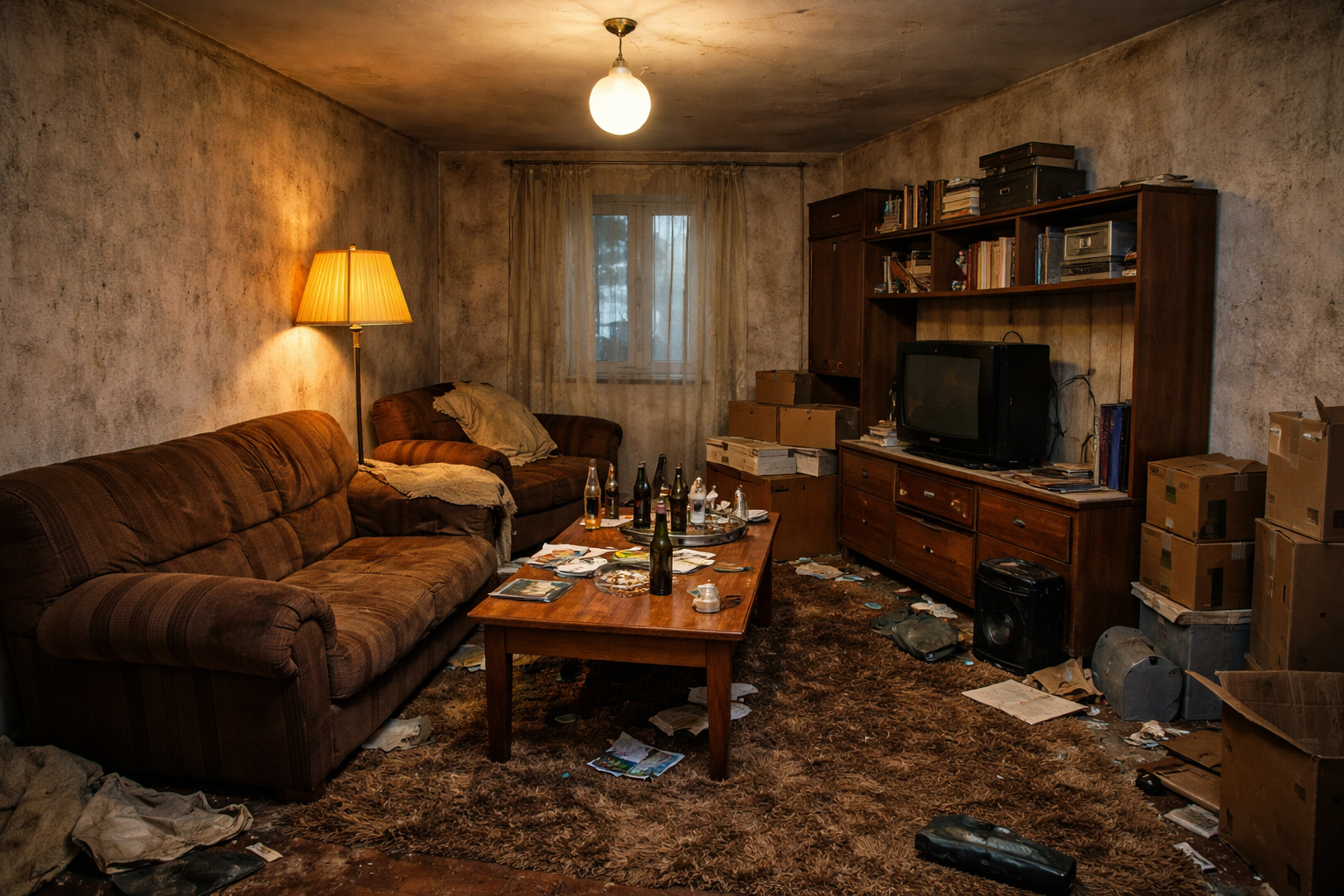 Vernachlässigtes Wohnzimmer mit Chaos